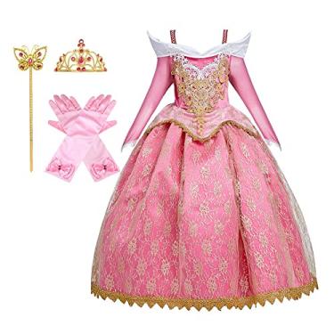 Imagem de HIHCBF Fantasia de beleza dormindo para meninas de renda, princesa, aniversário, festa de Natal, dia das bruxas, carnaval, fantasia chique com acessórios 4-5T