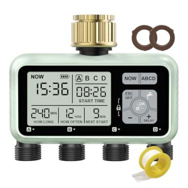 Imagem de Temporizador de irrigação de 4 zonas com entrada de latão, temporizador de irrigação, temporizador programável para torneira de mangueira externa de jardim com atraso de chuva/sistema de irrigação