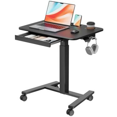 Imagem de JYLH JOYSEEKER Mesa móvel com gaveta, mesa com rodinhas de 71 cm com suporte de copo e ganchos, estação de trabalho portátil para laptop sobre rodas, carrinho de altura ajustável com armazenamento