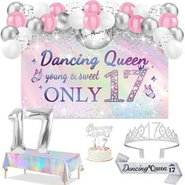 Imagem de Juesly Decorações Para Festa Dancing Queen 17, Faixa E Toalha De Mesa Com Tema Em Prata Brilhante, Coroa, Topo Bolo Velas 17º Aniversário, Conjunto Balões Arco Aniversário 17 Anos