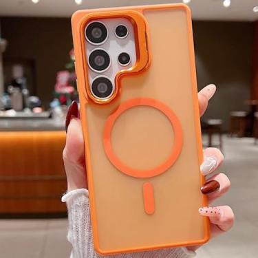 Imagem de MVVKKY Para Samsung Galaxy S23 Ultra Magnético Transparente Metal Lente Suporte Matte Case Acrílico Transparente Capa À Prova de Choque (Para Samsung Galaxy S23 Ultra/Laranja)