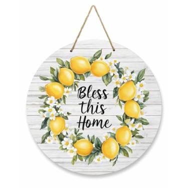 Imagem de Guirlandas de limão de fazenda de verão para porta da frente, placa de boas-vindas de madeira rústica para decoração de varanda, textura de madeira cinza, placa redonda para decoração de parede para