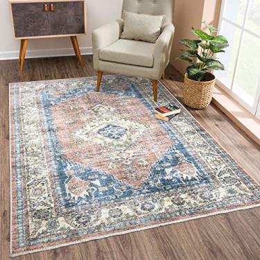 Imagem de Bloom Rugs Tapete lavável antiderrapante 2x3 - tapete de área oriental tradicional rosa coral/azul oceano para sala de estar, quarto, sala de jantar e cozinha - Tamanho exato: 5 x 7 cm