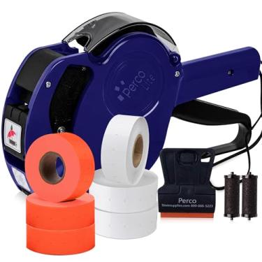 Imagem de Perco Kit de pistola Lite 1 Line Price Gun com etiquetas - Inclui 3 rolos brancos, 3 rolos vermelhos fluorescentes, 2 rolos de tinta - 1 rolo de tinta e etiquetas pré-carregadas
