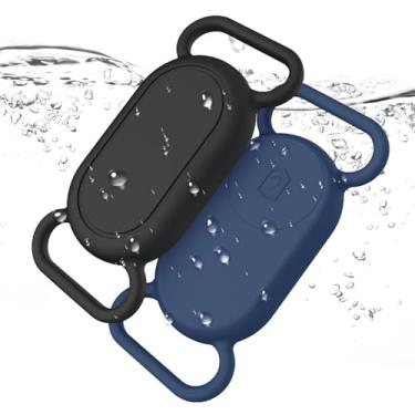 Imagem de Pacote com 2 suportes de coleira de cachorro para Samsung Galaxy SmartTag2, capa de silicone à prova d'água antiperda para Galaxy Smart Tag 2 para coleiras de cães de estimação (preto + azul marinho)