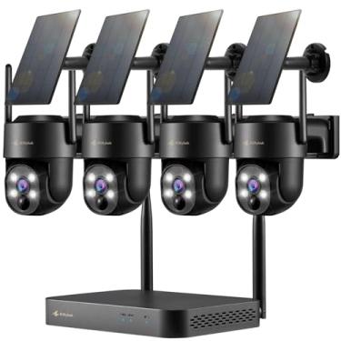 Imagem de Kittyhok Câmeras de segurança solares pretas sem fio, sistema externo 5G/2,4G, WiFi, 4 peças 2K Ultra Pan/Tilt Câmera de segurança solar doméstica com detecção humana, holofote, 10CH WiFi-6 NVR, 60