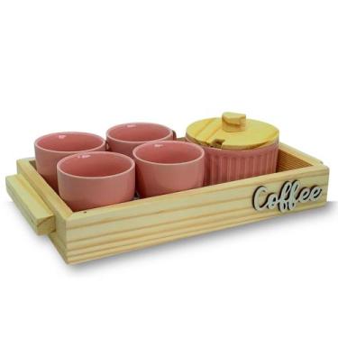 Imagem de Jogo 4 Xícaras Café Porcelana Rosa Com Açucareiro e Bandeja - Mundo Da