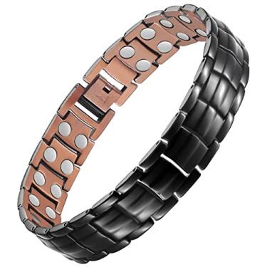 Imagem de Pulseira de cobre magnético Feraco para homens com artrite para alívio da dor 99,99% joia de cobre sólida Pulseiras magnéticas duplas, preta