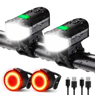 Imagem de Conjunto de luzes de bicicleta 1500LM USB recarregável farol de bicicleta e luz traseira à prova d'água 5 modos de iluminação serve para bicicletas para estrada e montanha (pacote com 2)