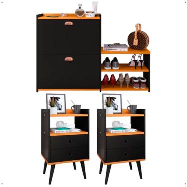 Imagem de Kit 2 Mesas Cabeceira Dream Mesinha Lateral Cama Sapateira Vertical Milano Banquinho Organizador Quarto Preto/Cinamomo - Lojas RPM