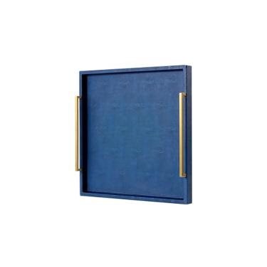 Imagem de Bandeja decorativa extra grande de couro marinho Bue Shagreen para mesa de centro otomana, bandeja de servir funcional para jantar, festa, bar, cozinha (azul marinho Shagreen - alça dourada, 51 cm)