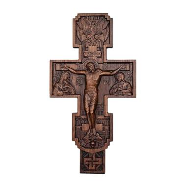 Imagem de BGCOPPER Cruz ortodoxa de madeira para parede, crucifixo feito à mão, cruz de Jesus, cruz de parede, decoração de parede, ícones ortodoxos, presente de Natal (35,5 cm)