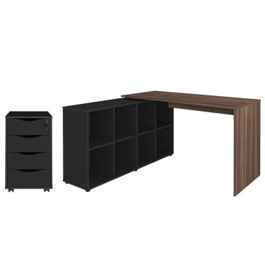 Imagem de Mesa Escrivaninha Em L Eron E Gaveteiro Com Rodízios Mity A06 Ipê-preto - Mpozenato