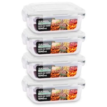 Imagem de KIT 4 Potes de Vidro Retangular com Tampa Hermética 1040ml Cor: Transparente