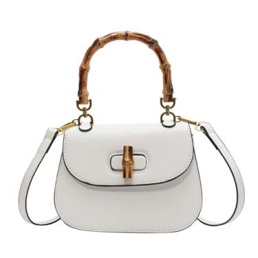 Imagem de Bolsa feminina de couro, bolsa tiracolo vintage com alça superior em formato de bambu, Branco