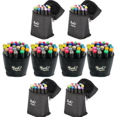 Imagem de Canetinhas 24 Cores Ponta Dupla Estojo Canetinhas Permanernte Kit 8 Uni Desenho Pintura 