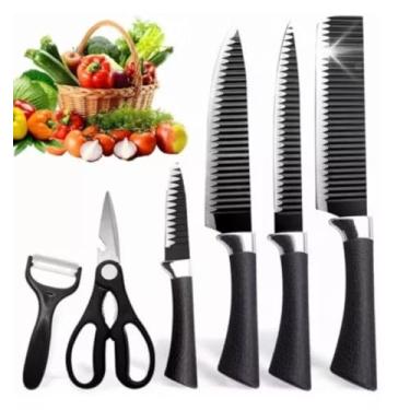 Imagem de Conjunto de Facas de Cozinha Profissional, 6 Peças, Lâminas em Aço Inoxidável, Cabo Preto Antiderrapante