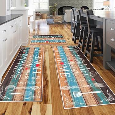 Imagem de Conjunto de 3 peças de tapetes de cozinha de fazenda, tapetes e tapetes laváveis antiderrapantes para decoração, tapetes rústicos para pisos de cozinha, lavanderias e corredores (multicolorido, 51 x