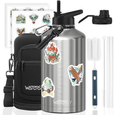 Imagem de Garrafa de água isolada de 2,5 l (fria por 48 horas), livre de BPA e à prova de vazamento, frasco de água de aço inoxidável de 1,5 galão, jarro de água com tampas de bico de canudo para academia