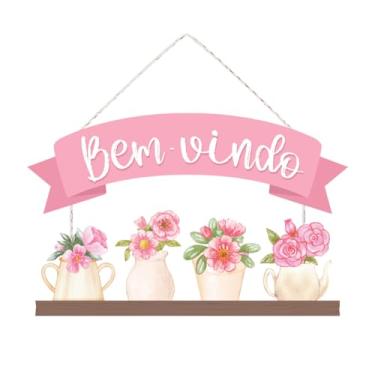 Imagem de Placa Decorativa Bem Vindo para Entrada Porta Parede com Flores - Escolha a Cor (Rosa)