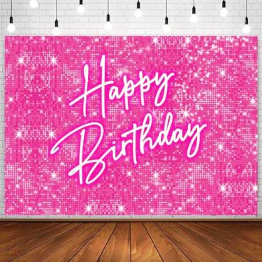 Imagem de InMemory Pano de fundo rosa brilhante neon feliz aniversário para mulheres, tema de princesa, decoração de parede, banner, aniversário, cabine fotográfica, fundo de estúdio, 3 x 2 m