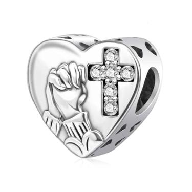 Imagem de Amieween Amuletos S925 para pulseiras e colares Pandora, mãos orando bíblia e pingentes de coração cruz com zircônia, pingente inspirador de contas de Jesus Cristão para mulheres, joias religiosas