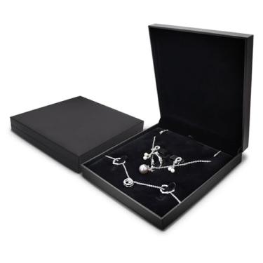 Imagem de FuninCrea Conjunto de joias caixa de presente de joias leves caixa de colar elegante para anel colar brinco pulseira (papelão, preto)