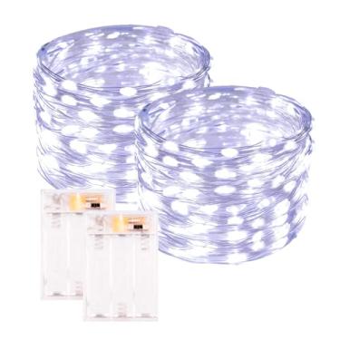 Imagem de PCORES Pacote com 2 luzes de fadas brancas frias operadas a bateria com temporizador, cordão de luzes de 100 LED à prova d'água de 100 cm para ambientes internos e externos, luzes de fadas de fio de