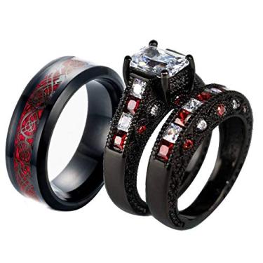 Imagem de ringheart 2 anéis, para ele e ela, anéis de casal, preto e vermelho, conjunto de alianças de casamento femininas, aço de titânio, alianças de casamento masculinas, women size9 & men size9, Metal