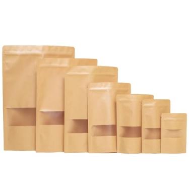 Imagem de Sacos de papel Kraft com janela Ziplock Stand Up Pouches Bulk Resealable Bag 100 peças 20 x 30 cm