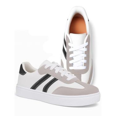 Imagem de Tênis Feminino Casual Moda Clássico, Branco e Cinza Camurça, Detalhes em Preto, Solado Leve Confortável (187-bco-camurca_cinza-39)