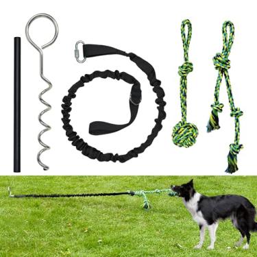 Imagem de IAIGOGO Brinquedo de puxar elástico para cães ao ar livre com bola de amarração de estaca para cães pequenos e médios, brinquedo de cabo de guerra, pode ser jogado em grama e árvores