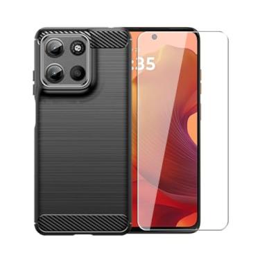 Imagem de WDMYLFTW Capa protetora para celular Motorola Moto G15 com película de alta definição, antiderrapante, absorção de choque, flexível, de fibra de carbono, amortecedor, borracha macia (preto)