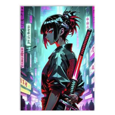 Imagem de Placa Decorativa Anime Garota Katana Samurai Ilustração Cyberpunk Decoração Poster Quarto Sala