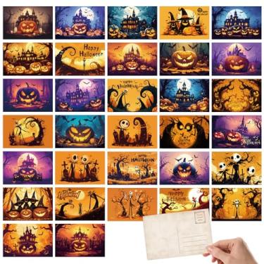 Imagem de Tlenpo Pacote com 32 cartões postais de Halloween, 10 x 15 cm, 350 gsm, cartões de felicitações vintage assustadores de gato abóbora, cartões postais para festas de Halloween, decoração de parede
