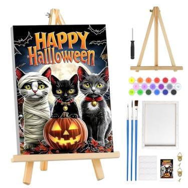Imagem de MOGTAA Kit de pintura de gato de Halloween por números para adultos iniciantes com moldura, kits de pintura de abóbora para adultos por números em tela com cavalete, kits de pintura a óleo DIY fáceis