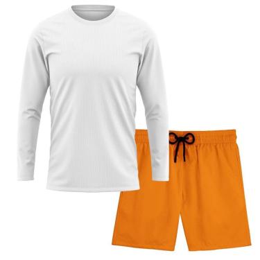 Imagem de Kit Short Praia Academia Passeio Treino Laranja + Manga Longa Masculina Segunda Pele Dry-Masculino