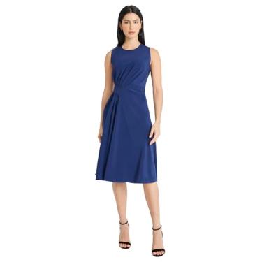 Imagem de Maggy London Vestido feminino midi sem mangas com corpete assimétrico plissado silhueta evasê, Azul medieval, 52