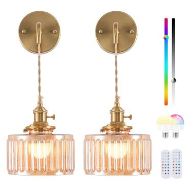 Imagem de Rnzziw Arandela de parede vintage operada a bateria com corrente ajustável, arandelas de parede recarregáveis sem fio com controle remoto, lâmpada de parede vintage de latão para sala de estar quarto