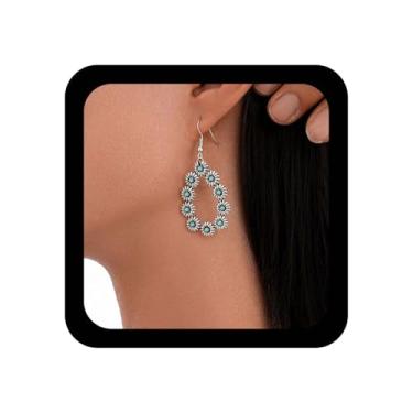 Imagem de Ximdble Brincos vintage oco turquesa gota brincos de pedra azul tribal turquesa flor retrô pingente gancho contorno joia gota para mulheres