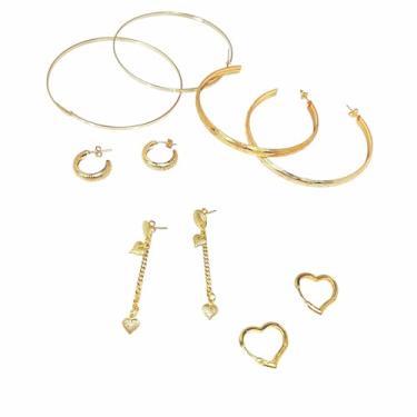 Imagem de Brincos Argola e Coração Feminino Dourados Kit 5 Pares Folheados Modelos Variados