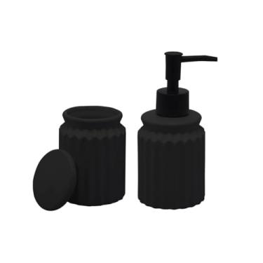 Imagem de Conjunto para Banheiro Stripes, 2 Peças, Cerâmica, Preto, Porta Sabonete Líquido e Pote Decorativo
