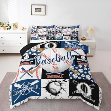 Imagem de Erosebridal Conjunto de cama de beisebol queen para meninos, conjunto de cama com taco de beisebol, estilo patchwork, jogo de bola, softball, colcha
