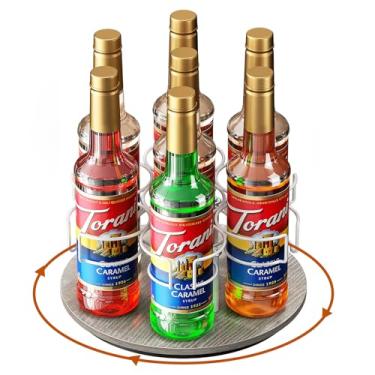 Imagem de Kssiaz Organizador giratório de xarope de café, 7 garrafas, suporte de xarope de café para bancada, suporte de garrafa de xarope para estação de café, moldura de aço carbono com base de madeira