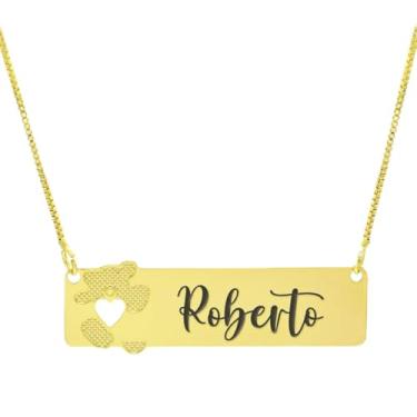 Imagem de Colar Personalizado Ursinho Coração Vazado Gravação Roberto Banhado Ouro 18K - 999012116