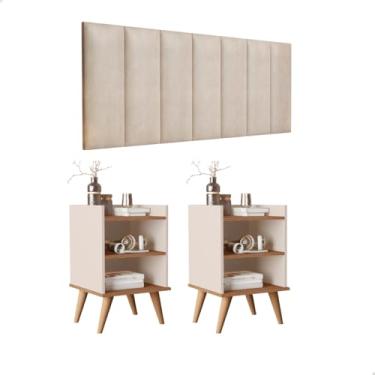 Imagem de Kit Quarto Casal Cabeceira Madri 1,40 e 02 Mesas de Cabeceira Retrô 02 Nichos e 01 Prateleira Jade cores (Off/Nature)