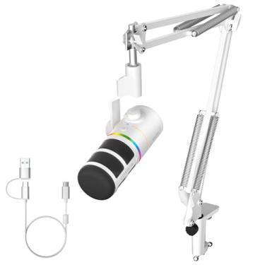 Imagem de COMICA EJoy D10 Microfone Dinâmico USB-C/XLR com Braço Articulado, RGB, Mudo, Redução de Ruído e Controle de Ganho para PC, PS4, PS5, Streaming, Podcast e YouTube – Branco