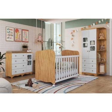 Imagem de Quarto Infantil Completo Uli 3 Peças (1GuardaRoupa+1Berço+1Cômoda) QI108 Branco/Amendoa - Peroba