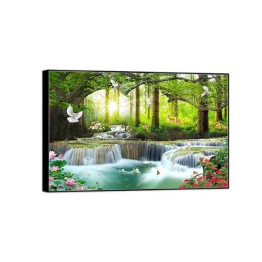 Imagem de BMZFYBS Impressão em tela de paisagem - Forest River Lotus Animals-Nature Wall Art Chinoiserie Picture-Black Frame Decoration Poster 40x60cm16x24in