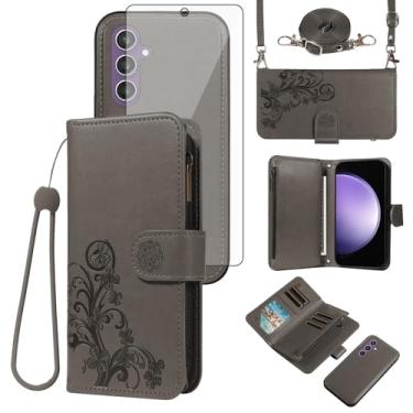 Imagem de Asuwish Capa de celular para Samsung Galaxy S23 FE 5G Carteira com zíper magnética destacável com protetor de tela de vidro temperado alça transversal porta-cartões de flores S 23 EF S23FE 23S